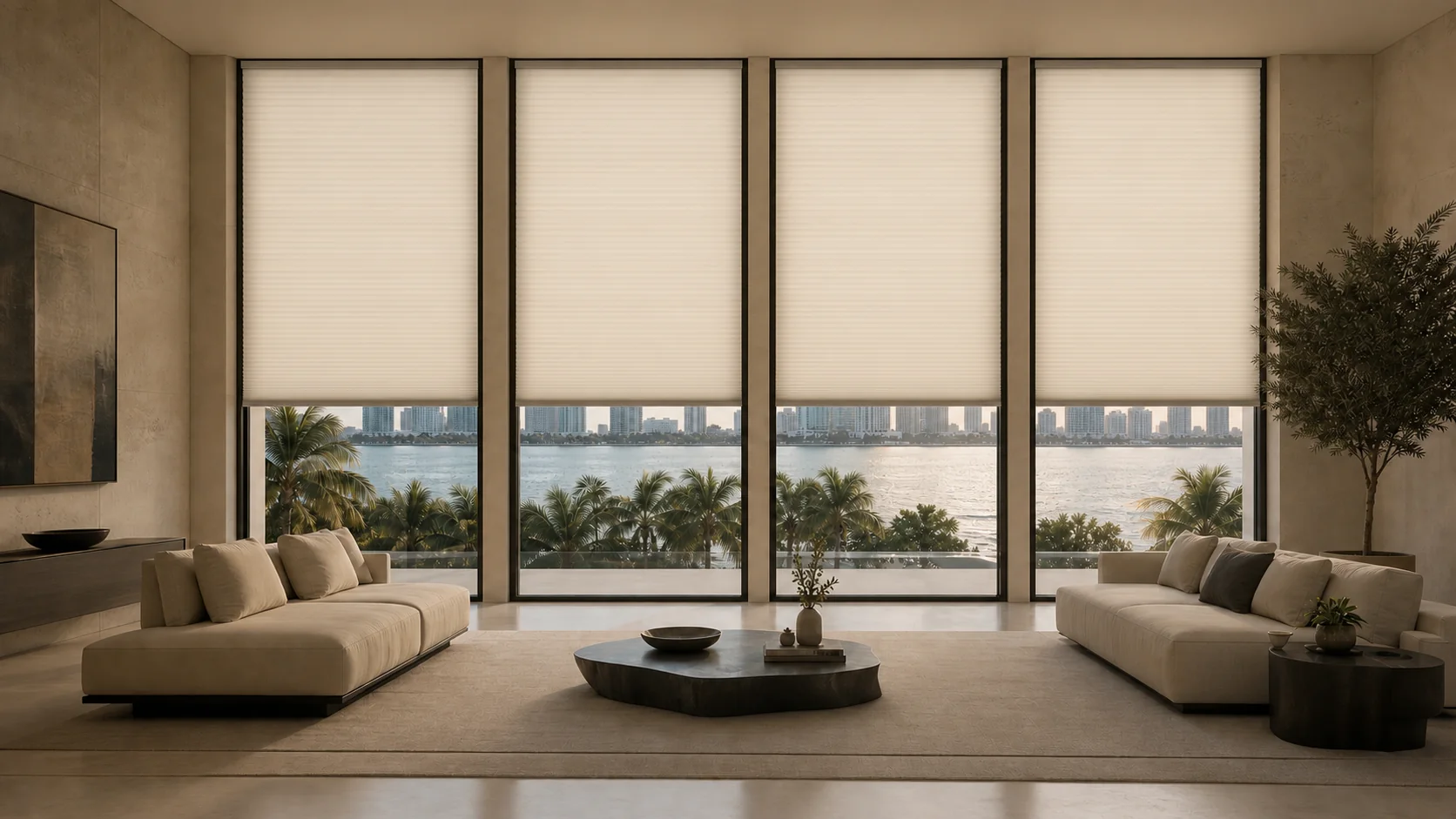 The same living room made calmer and more comfortable with cellular shades