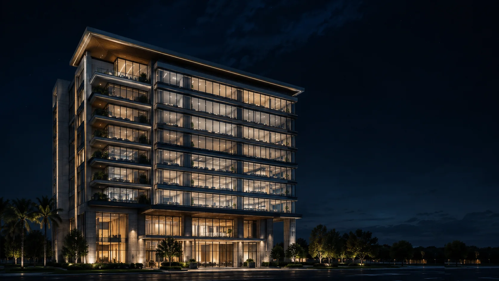 Illustrative nighttime study of a multi-level commercial building and repeated glazed openings