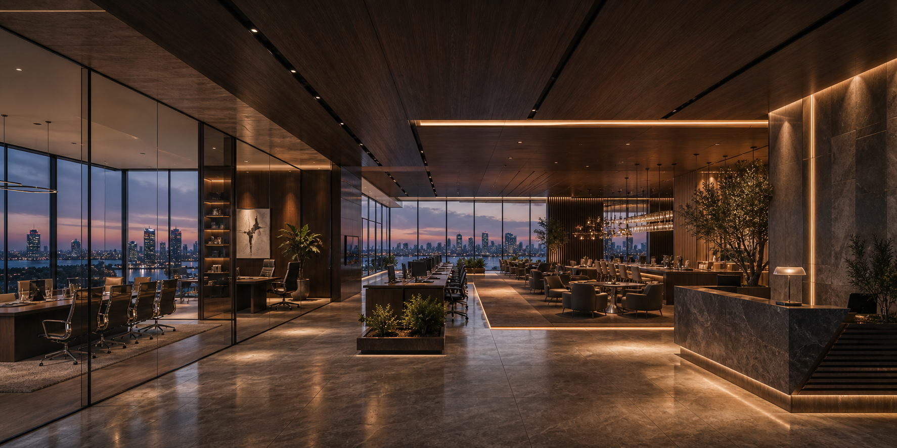 Commercial interior with integrated privacy, daylight and hospitality zones