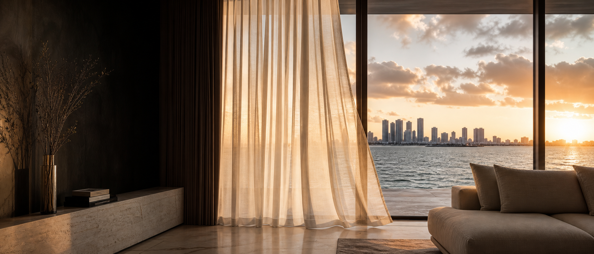 Waterfront interior prepared for a personalized design consultation