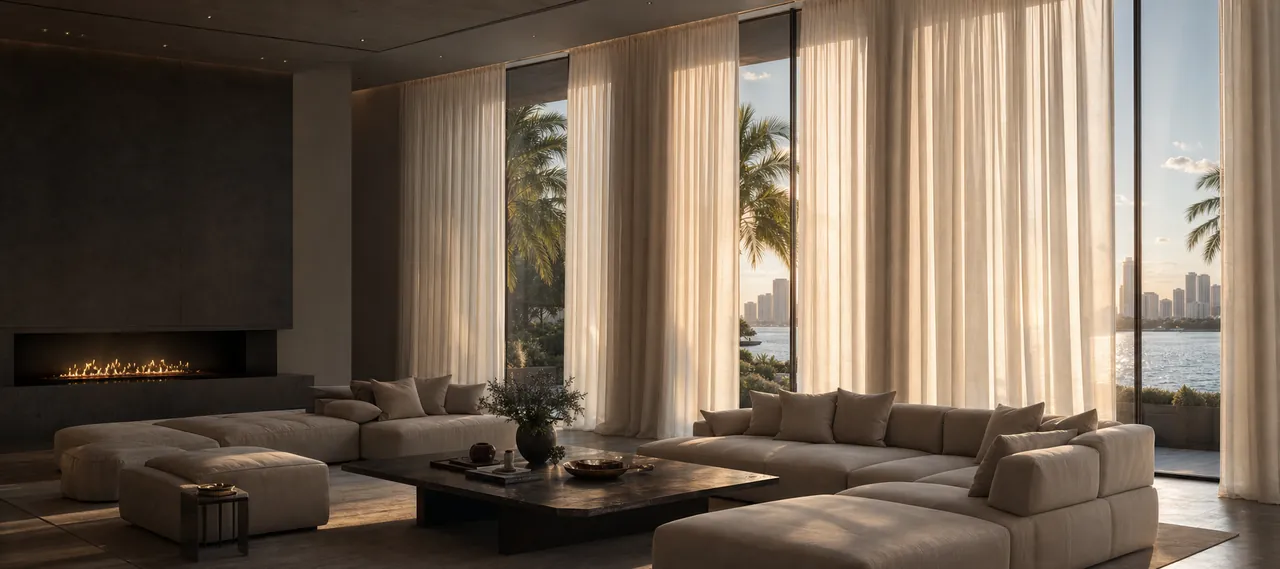 Custom Drapery framing an architectural interior