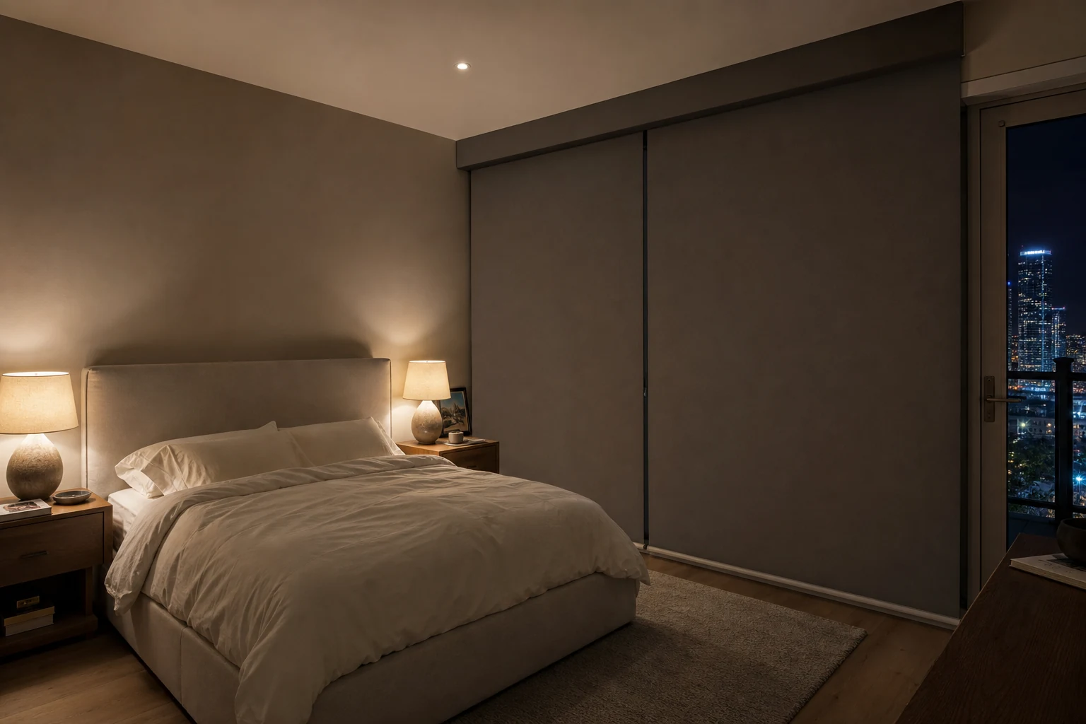 South Florida apartment bedroom concept with full blackout roller shades at night