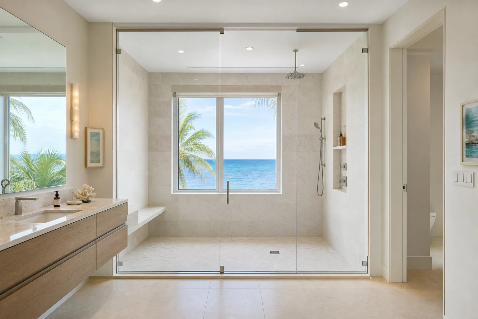 Concept visualization of oceanfront bathroom in a clear state