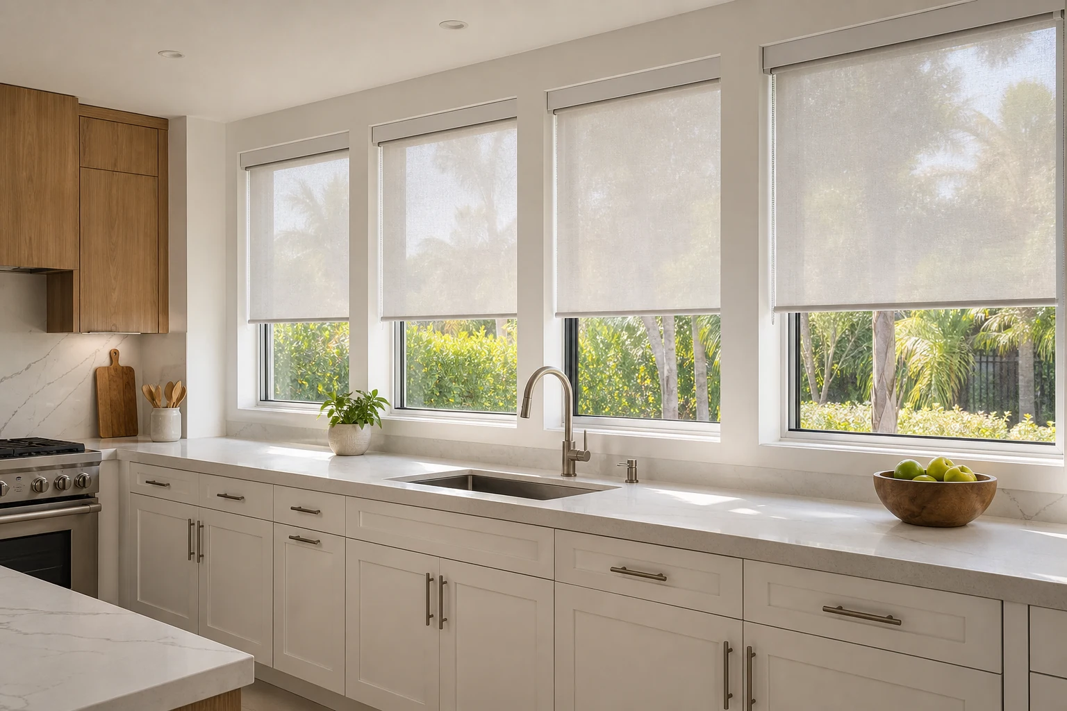 South Florida kitchen concept with translucent roller shades