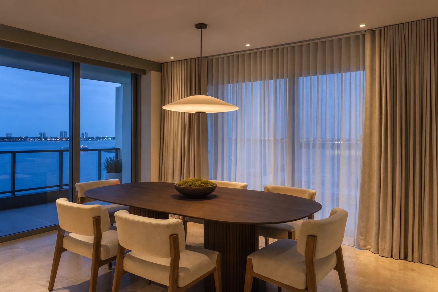 South Florida waterfront dining concept with layered drapery at blue hour