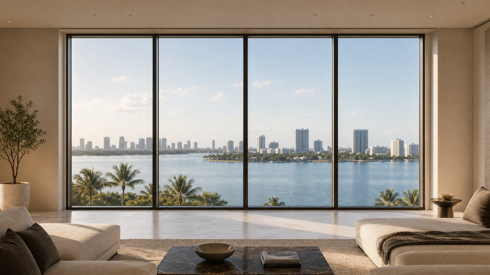 Waterfront living room with four motorized roller shades