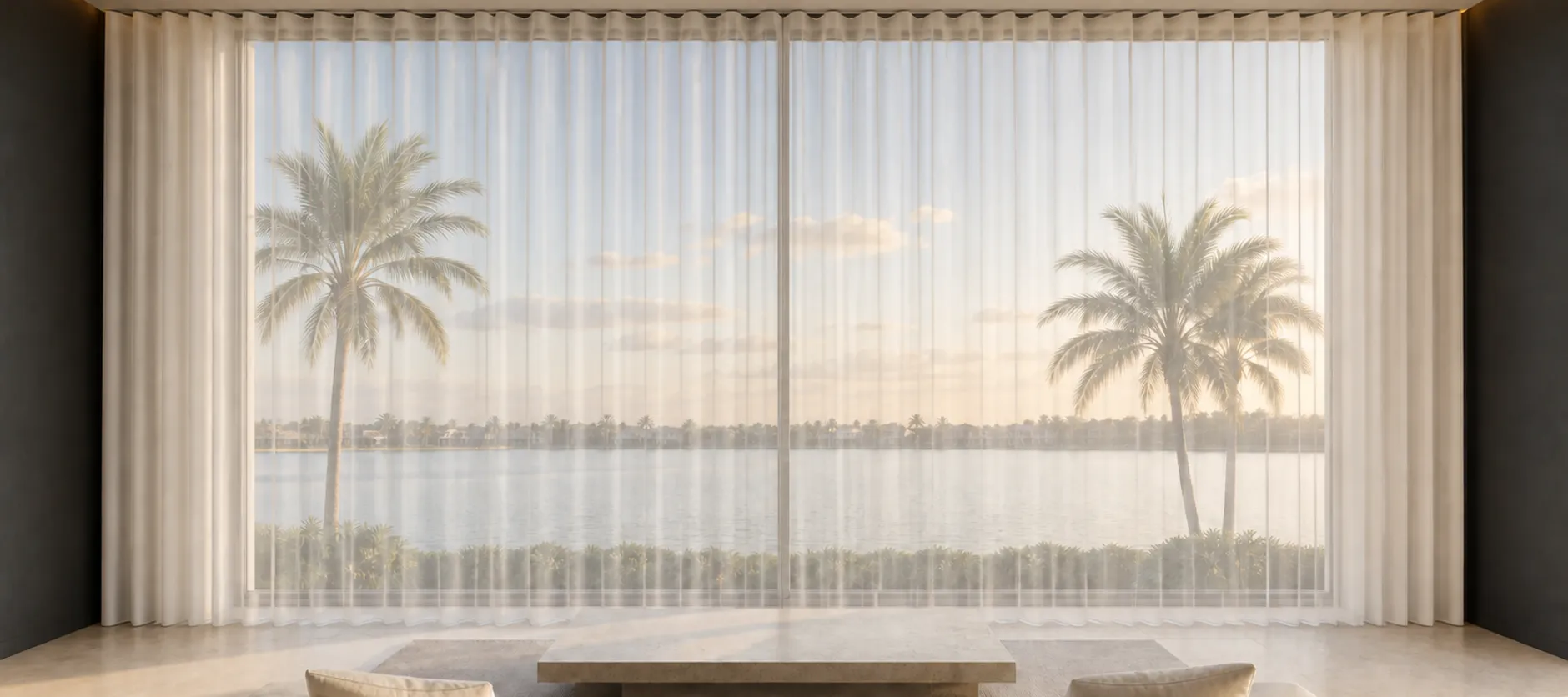 Illustrative sheer drapery with ripple pleats, shown with the curtain closed